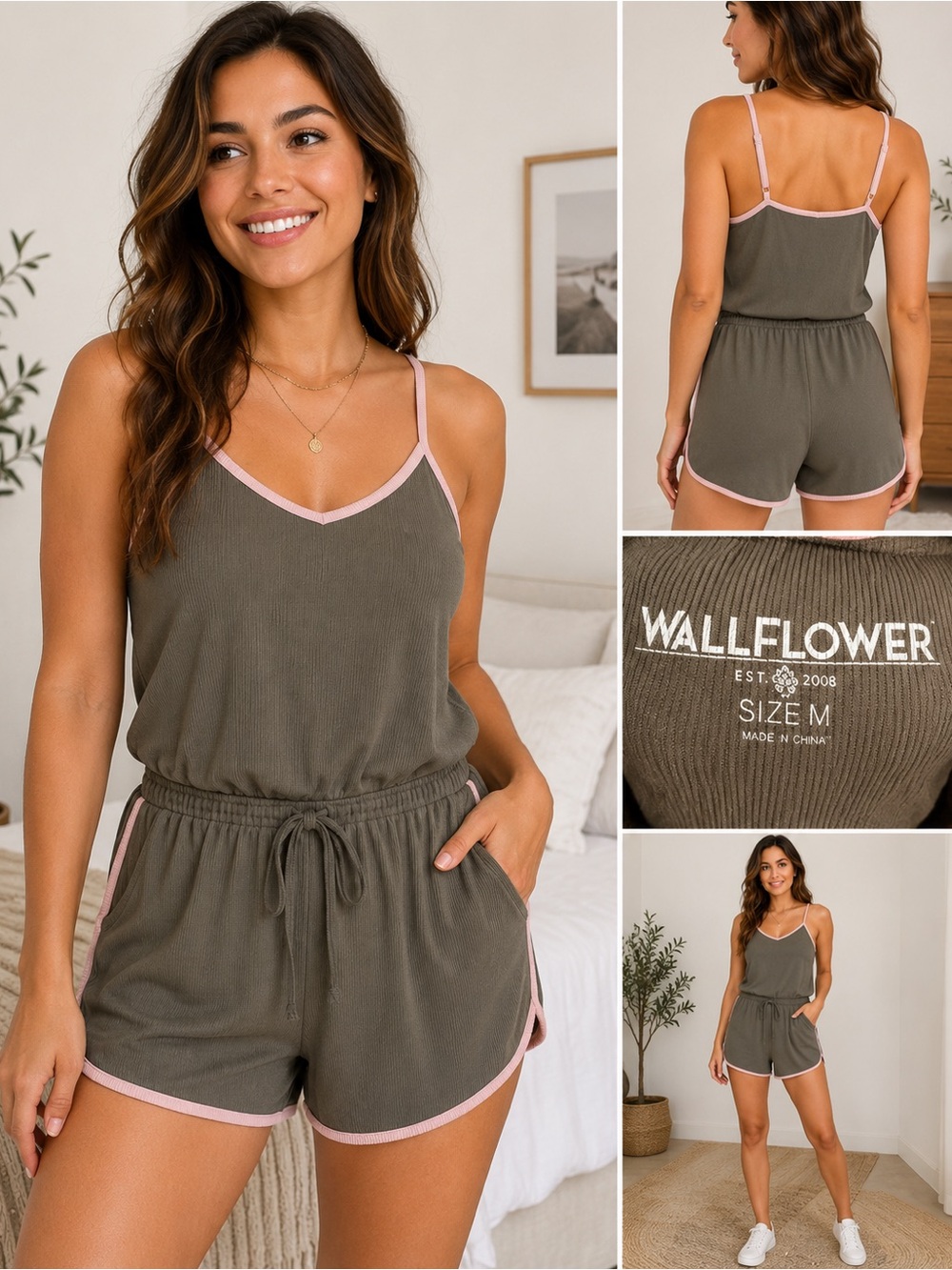 Wallflower Ribbed Knit Cami Romper Olive Green Pink Trim Size Medium